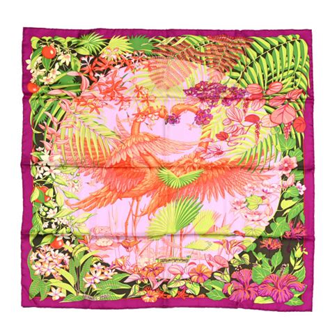 HERMES Silk Flamingo Party Scarf 90 Bougainvillier Mauve Vert 